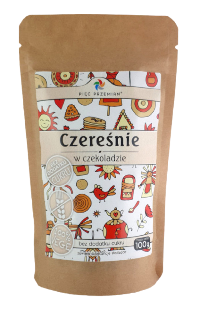 CZEREŚNIE-W-CZEKOLADZIE-BEZ-DODATKU-CUKRÓW-BEZGLUTENOWE-100-g---PIĘĆ-PRZEMIAN